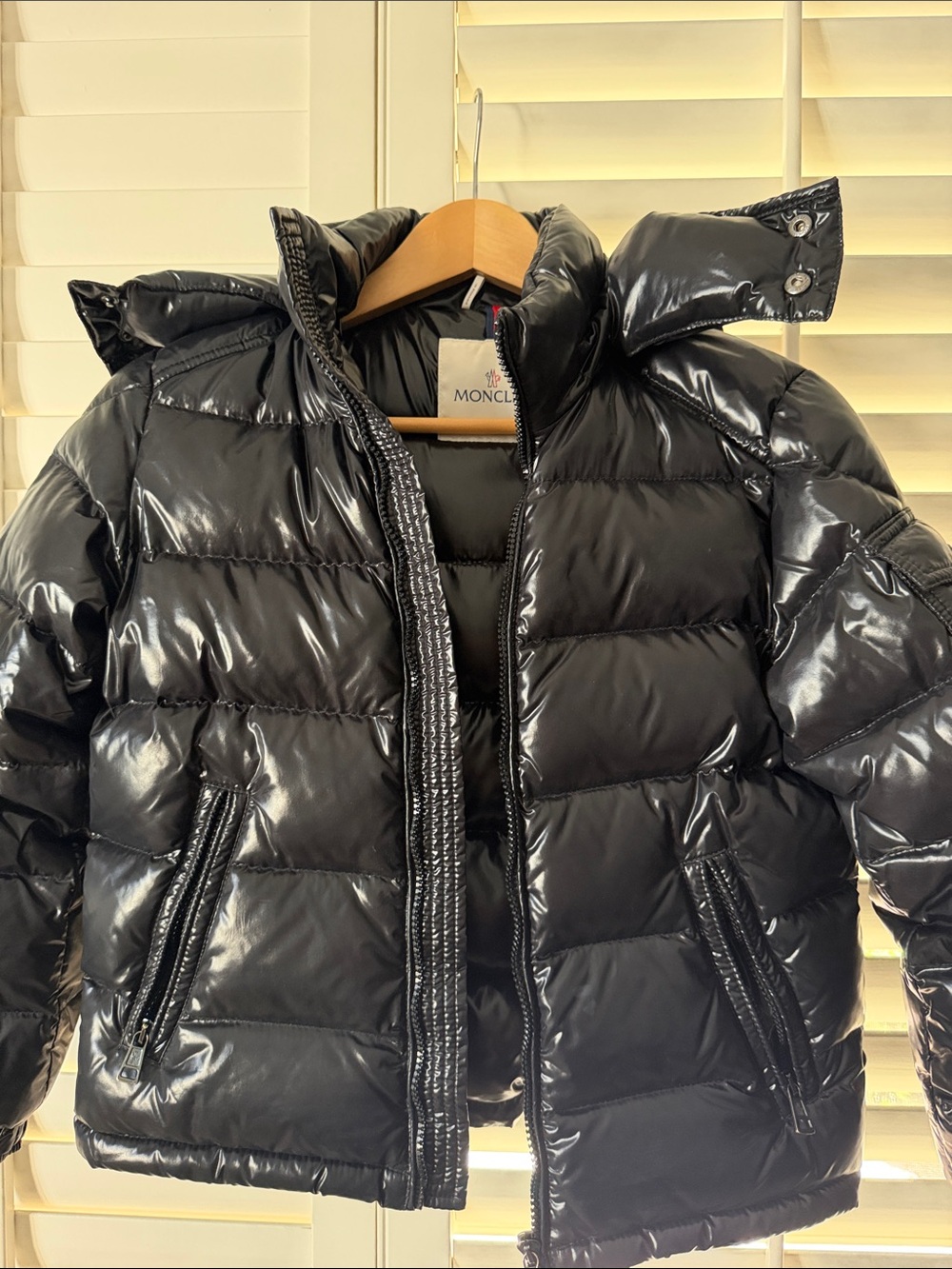 Moncler Kids Glossy Black Puffer Coat with High Collar